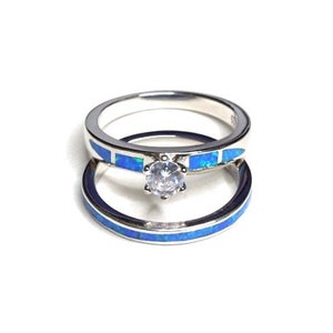 Topaz & Blue Fire Opal 925 Sterling Silver Engagement Solitaire Band Ring Set Size 6-9