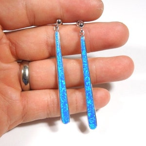 Blue Fire Opal Inlay Solid 925 Sterling Silver Dangling Post Earrings 2-3/8" long. Free ship in The USA