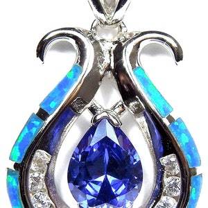 Tanzanite & Blue Fire Opal Inlay Solid 925 Sterling Silver Pendant For Necklace image 3