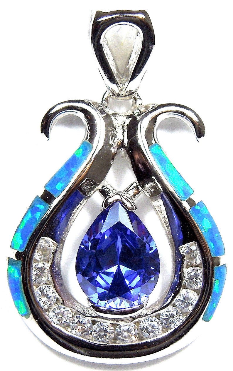 Tanzanite & Blue Fire Opal Inlay Solid 925 Sterling Silver Pendant For Necklace image 3