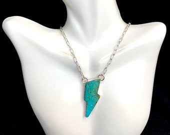 Handcrafted Cerrillos Turquoise stones & Sterling Silver Lightning Bolt Pendant necklace 18'' long