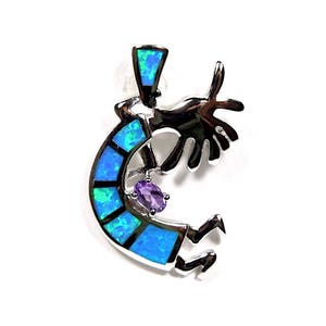 Amethyst & Blue Fire Opal Inlay 925 Sterling Silver Kokopelli Pendant Necklace
