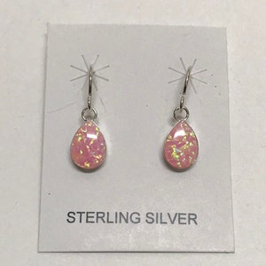 7x10mm Teardrop Pink Fire Opal Genuine 925 Sterling Silver Dangling Earrings - Made In USA