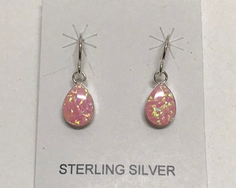 7x10mm Teardrop Pink Fire Opal Genuine 925 Sterling Silver Dangling Earrings - Made In USA