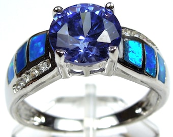 2 Carat Round Tanzanite & Blue Fire Opal Inlay 925 Sterling Silver Ring size 6,7,8,9. Free shipping in USA