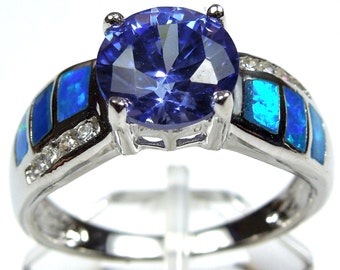 2 Carat Round Tanzanite & Blue Fire Opal Inlay 925 Sterling Silver Ring size 6,7,8,9. Free shipping in USA