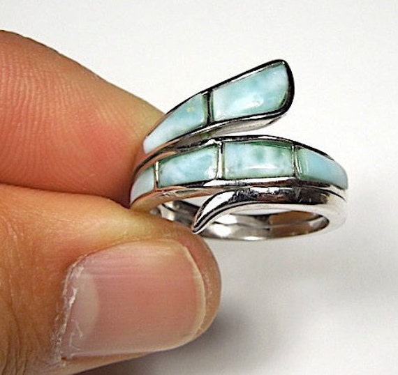 Genuine AAA Dominican Larimar Inlay 925 Sterling Silver Band Ring Size 6,7,8,9