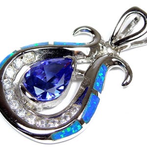 Tanzanite & Blue Fire Opal Inlay Solid 925 Sterling Silver Pendant For Necklace image 2