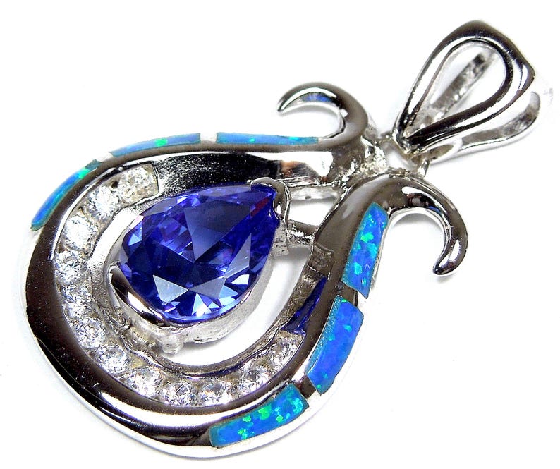 Tanzanite & Blue Fire Opal Inlay Solid 925 Sterling Silver Pendant For Necklace image 2