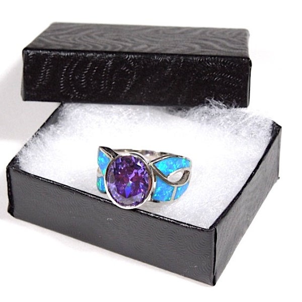 Amethyst & Blue Fire Opal Inlay Genuine 925 Sterling Silver Ring sizes 6-9
