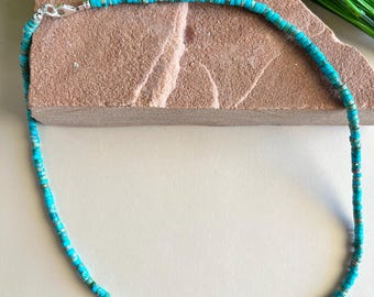 Collar de turquesa heishi azul genuina y plata esterlina de 22 pulgadas, hecho en Navajo