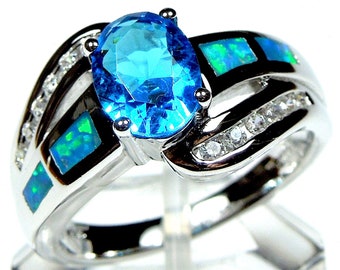 Blue Fire Opal & Blue Topaz Inlay 925 Sterling Silver Woman Ring Size 8