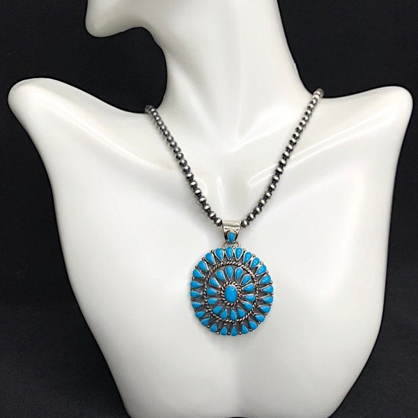 Genuine Sleeping Beauty Turquoise 925 Sterling Silver Cluster Pendant, Chain is not include.