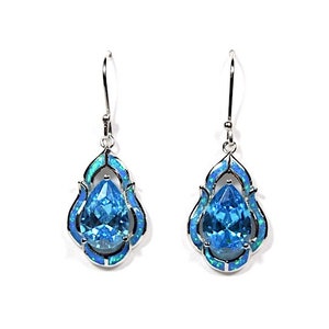 Blue Topaz & Blue Fire Opal Inlay Solid 925 Sterling Silver Dangle Earrings. Free shipping in USA