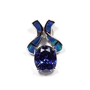 Tanzanite & Blue Opal Inlay 925 Sterling Silver Pendant Necklace. Free 18&#39;&#39; silver chain