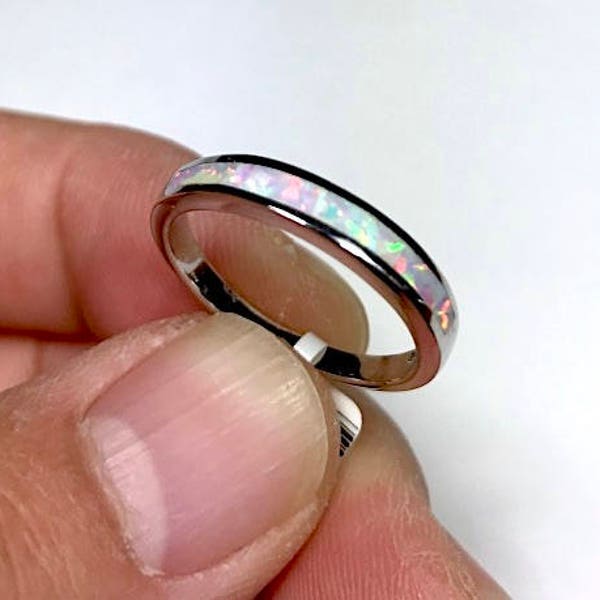 White Fire Opal Inlay Solid 925 Sterling Silver Men's Band Ring size 6 - 10