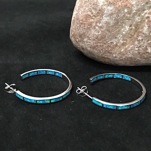 Solid 925 Sterling Silver Hoops Earrings with Blue Fire Opal Inlay 1'' wide 27mm