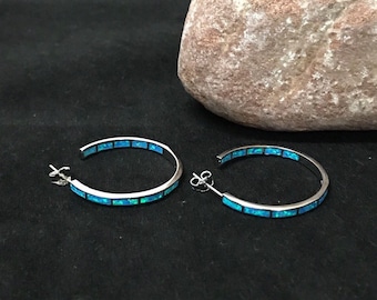 Solid 925 Sterling Silver Hoops Earrings with Blue Fire Opal Inlay 1'' wide 27mm