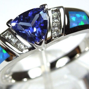 Trillion Cut Tanzanite & Blue Fire Opal Inlay 925 Sterling Silver Ring Size 6-9