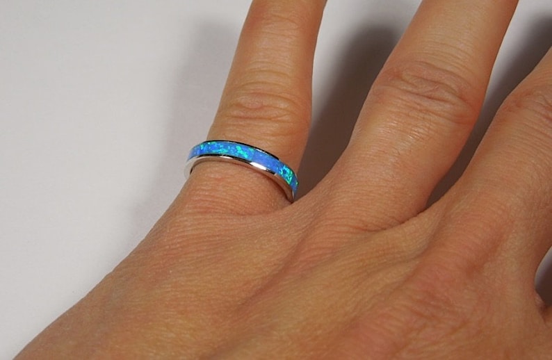 Blue Fire Opal Inlay Solid 925 Sterling Silver Band Ring Sizes 6,7,8