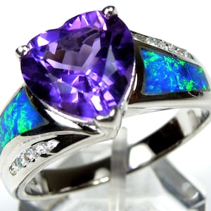 Heart Amethyst & Blue Fire Opal Solid 925 Sterling Silver Ring Sizes 6,7,8,9