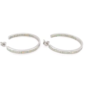 Hoops Earrings with White Fire Opal Inlay 1&#39;&#39; wide 27mm, Solid 925 Sterling Silver