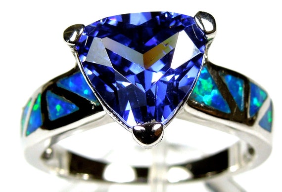 3 Carat Trillion Cut Tanzanite & Blue Fire Opal Inlay 925  display picture 1