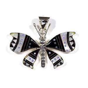 Multicolor & Black Onyx Inlay 925 Sterling Silver Butterfly Pendant Necklace