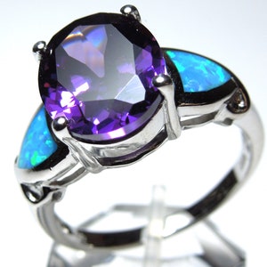 Amethyst & Blue Fire Opal Inlay Genuine 925 Sterling Silver Ring sizes 6,8,9