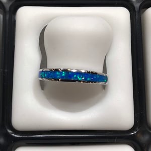 Blue Fire Opal Inlay 925 Sterling Silver Men's woman Band Ring size 5-9.5