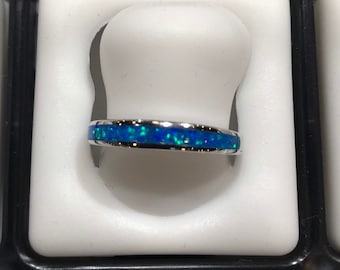 Blue Fire Opal Inlay Band Ring sizes 5,6,7,8,9. Genuine Sterling Silver