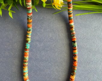 Spiny Oyster Shell and Turquoise Mixed Heishi Sterling Silver Necklace 16”