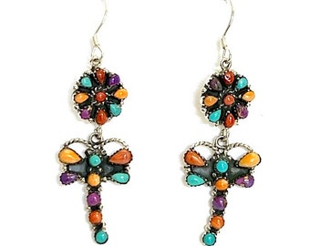 Multicolor Dragonfly Earrings, 925 Sterling Silver, Dangle earrings. Multistones.