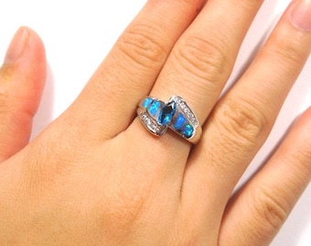 Blue Fire Opal & Blue Topaz Inlay 925 Sterling Silver Woman Ring Size 6,7,8,9