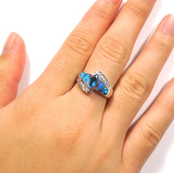 Blue Fire Opal Blue Topaz Inlay 925 Sterling Silver Woman Ring