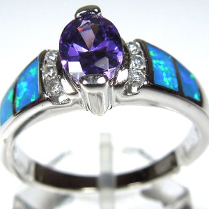 Amethyst & Blue Fire Opal Inlay Genuine 925 Sterling Silver Ring Size 6 ...