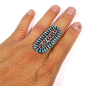 Petit Point Sleeping Beauty Turquoise & Coral Sterling Silver Southwestern Ring sizes 6789 zdjęcie 2