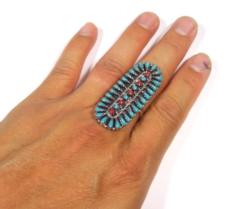 Petit Point Sleeping Beauty Turquoise & Coral Sterling Silver Southwestern Ring sizes 6789 zdjęcie 2