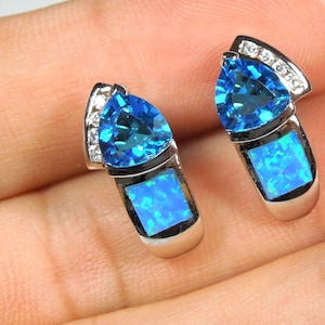 Blue Topaz & Blue Fire Opal Inlay Genuine 925 Sterling Silver Stud Post Earrings