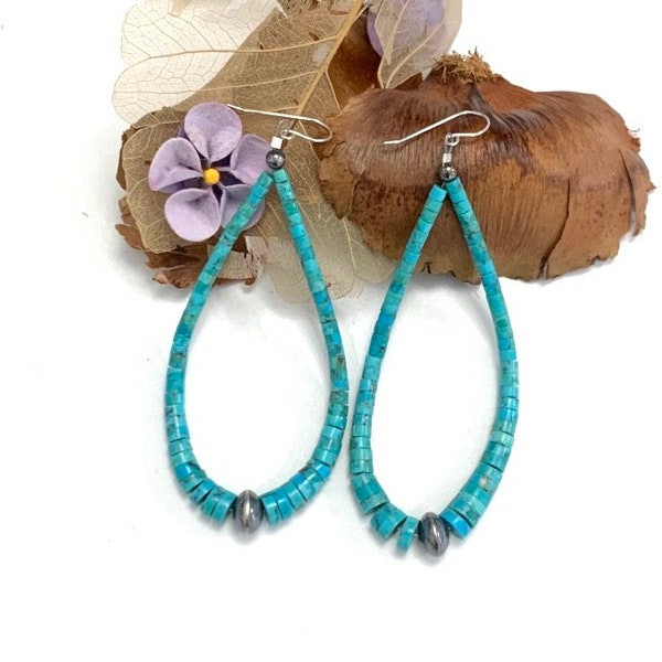Santo Domingo Kingman Turquoise & Navajo Pearl 925 Sterling Silver Jacla Earrings 2-3/4'' long.