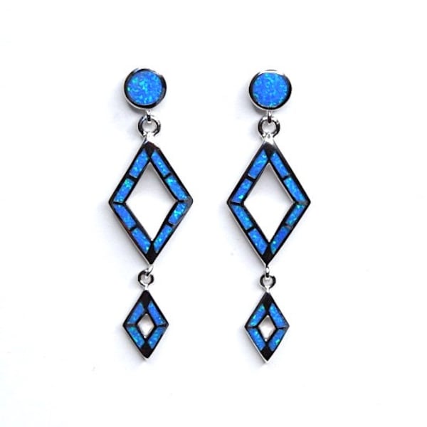 Blue Fire Opal Inlay Dangling Post Earrings 1-3/4" long. Solid 925 Sterling Silver . Free ship in The USA