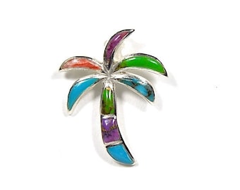 Handcrafted Multicolor Turquoise Inlay 925 Sterling Silver Palm Tree Pendant