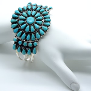 Genuine Blue Kingman Turquoise 925 Sterling Silver Cuff Cluster Bracelet, Adjustable