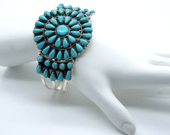 Genuine Blue Kingman Turquoise 925 Sterling Silver Cuff Cluster Bracelet, Adjustable