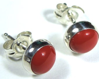 6mm Round Genuine Red Coral 925 Sterling Silver Stud Post Earrings - Made in USA