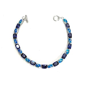 Tanzanite & Blue Fire Opal inlay Real 925 Sterling Silver Link Tennis Bracelet 7-3/4&#39;&#39; long.
