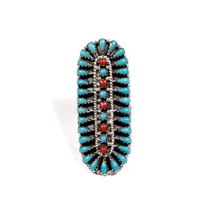 Petit Point Sleeping Beauty Turquoise & Coral Sterling Silver Southwestern Ring sizes 6789