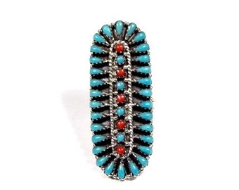 Petit Point Sleeping Beauty Turquoise & Coral Sterling Silver Southwestern Ring sizes 6789