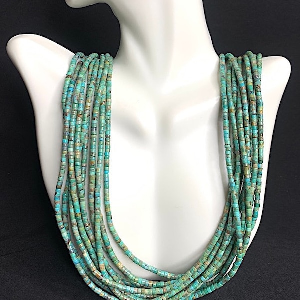 10 Strands Genuine Heishi Turquoise and Sterling Silver Necklace 30'' long. Ready to ship