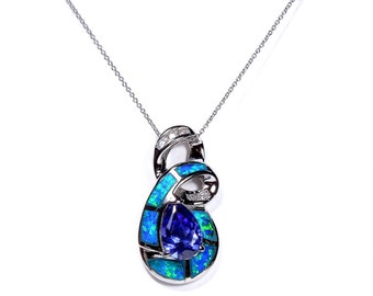 Brand New 18" Necklace with 925 Sterling Silver Tanzanite & Blue Fire Opal Inlay Pendant